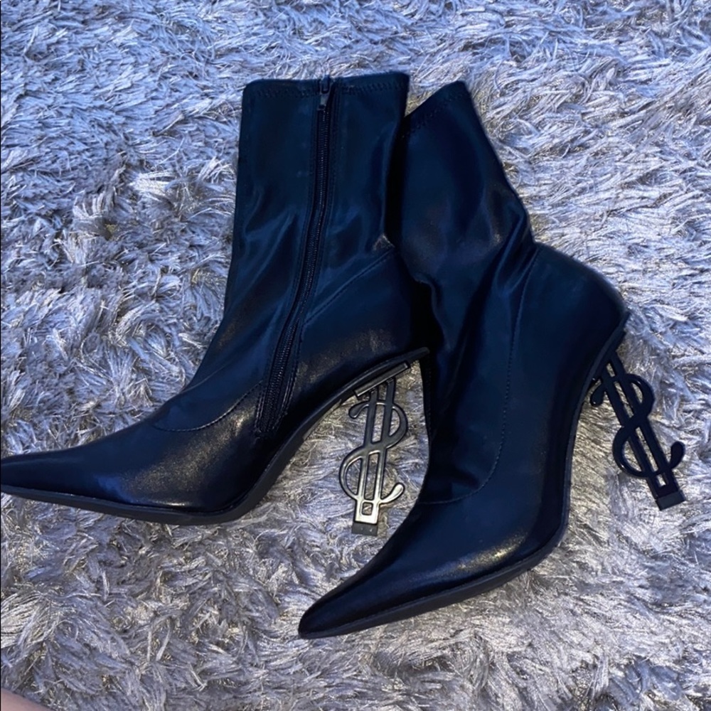 Black money sign heel booties